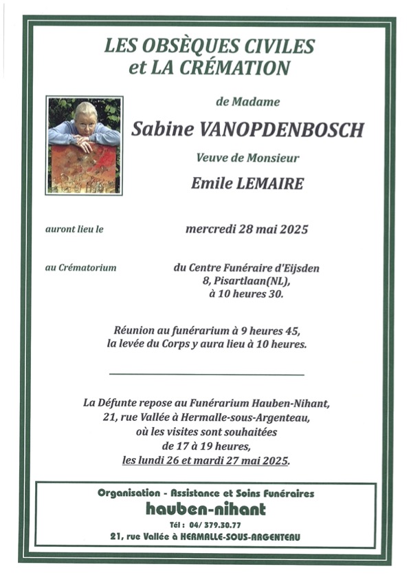 Faire part de décès de Sabine Van op den Bosch